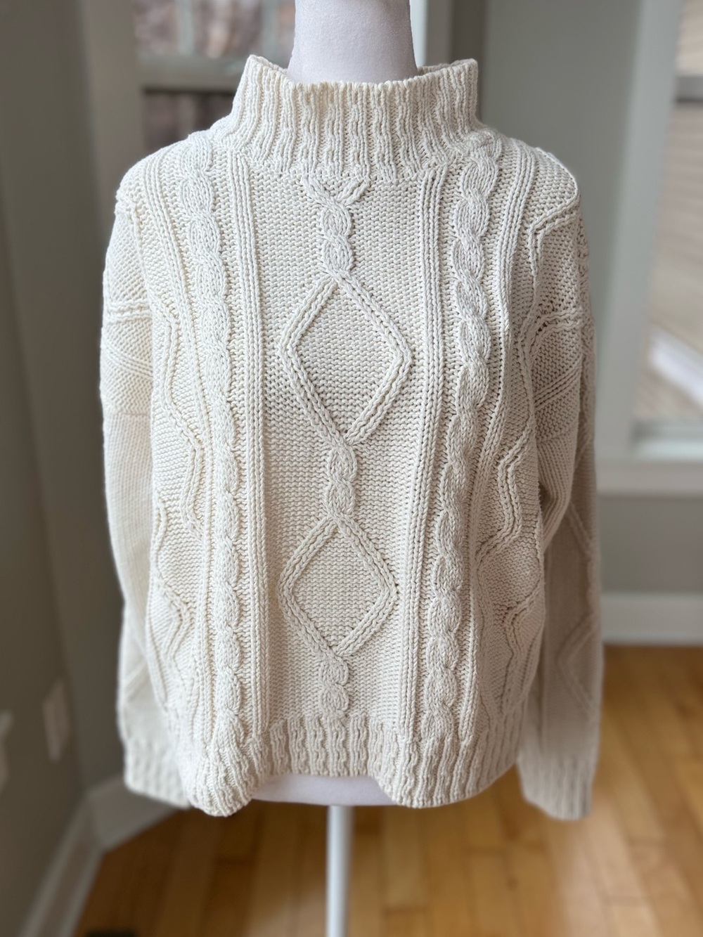 Vintage 90s Christopher & Banks Ivory Cream Cableknit Ramie Cotton Sweater Sz M